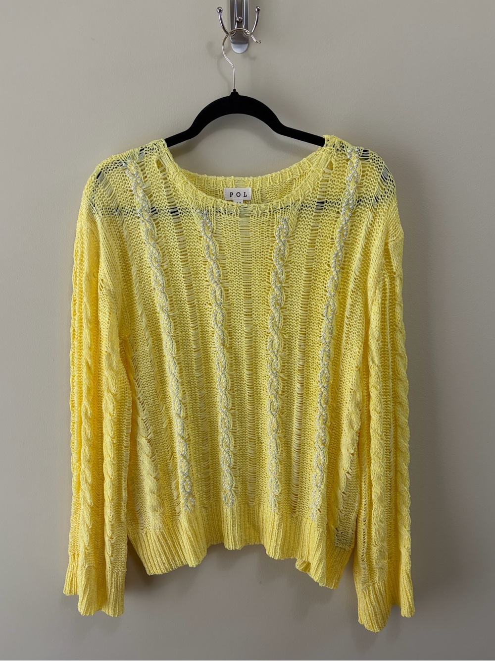 POL Yellow Open Knit Pearl Rhinestone Sweater Size Medium